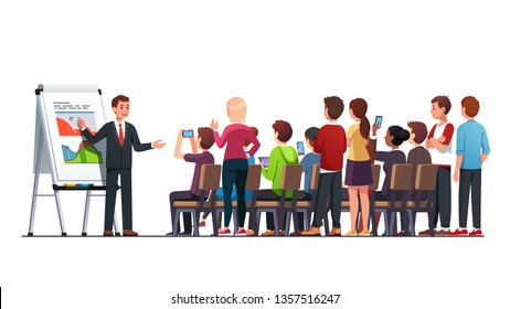 Business class teacher & mentor teaching young business students audience to read, analyze economical statistical data using charts on flipchart stand in classroom. Flat vector character illustration