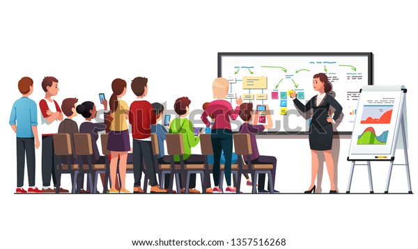 Business class teacher & trainer woman\
workshop teaching strategy young business students audience group\
using whiteboard & flipchart diagrams, charts in classroom.\
Flat vector character\
illustration