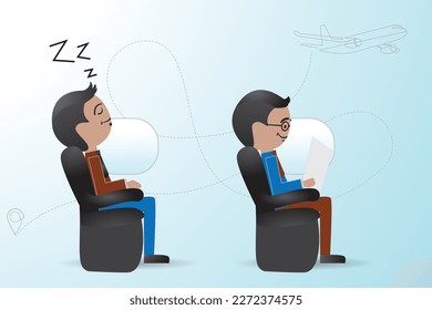 Business class travel, Passenger man character sitting in chair and relax in business class cartoon.