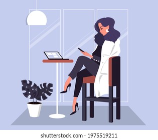 Business classy woman working in cafe with smartphone