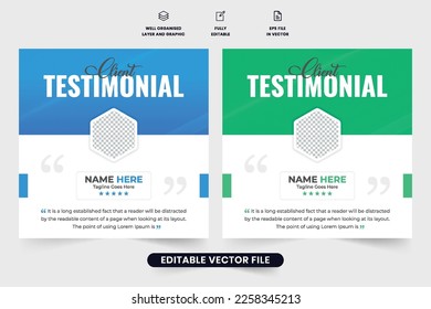 Business client review testimonial with quote section. Customer feedback review or testimonial template. Customer service feedback and work review layout. Client testimonials with photo placeholders.