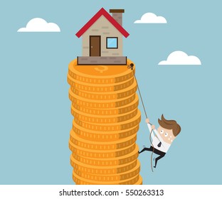 Business Climb Stack of Gold Coin with Robe to Target Home and Real Estate, Business Concept Vector Illustration