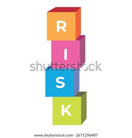 Business clipart. A colorful and stable stack of four square blocks, each with a single letter spelling out the word "RISK". The blocks are colored orange, pink, blue, and lime green