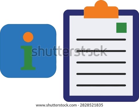 Business clipboard icon with checklist and information sign. Symbol for data collection, reporting, and documentation. Isolated on white background.