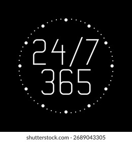 Icono de reloj de negocios 24 7 365 días icono aislado sobre fondo negro
