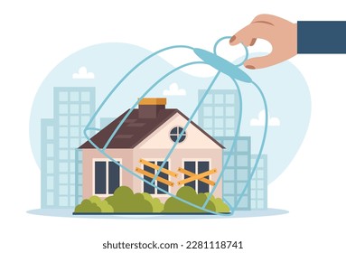 Business closed composition with flat cityscape background and house being covered by cage held by hand vector illustration