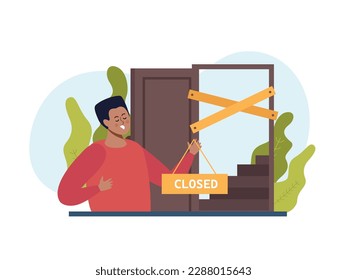 Business closed composition on blank background with flat view of owner shutting door and hanging doorplate vector illustration