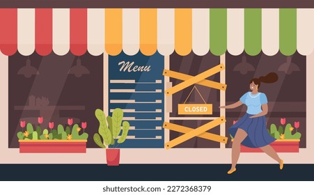 Business closed flat composition with front view of closed cafeteria with flowers doorplate and unhappy woman vector illustration