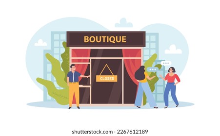 Business closed flat composition with outdoor scenery and storefront of shut boutique with human characters nearby vector illustration