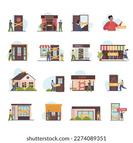 Business closed set with isolated views of storefronts flat human characters of owners and unhappy visitors vector illustration
