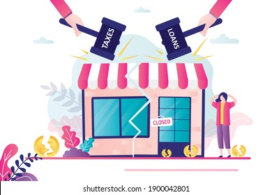 Business closes due to high taxes. Store bankrupt due to non-payment of loans. Businesswoman stressful by closing of shop. Financial problems concept. Front view of facade. Flat vector illustration