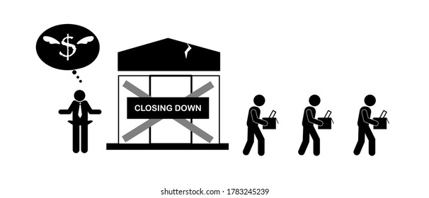 Business Is Closing Down. People Loss Their Job. Economic Crisis Due To Coronavirus Covid 19 Concept. Stick Figures (pictogram) Sign And Symbol Vector Illustration. 