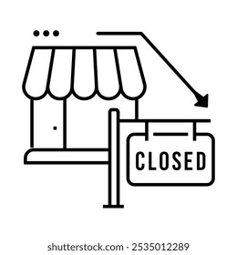 Business Closure Icon – Shop Front with 'Closed' Sign and Downward Arrow, Indicating Shutdown