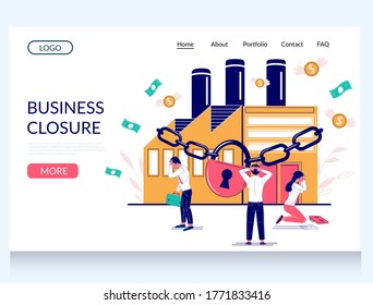 Business closure vector website template, landing page design for website and mobile site development. Stressed out employees in front of chained up factory building. Business arrest.