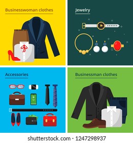 Business clothes. Male and female office wardrobe business style skirt suit jacket hat bag and self items vector concept illustration