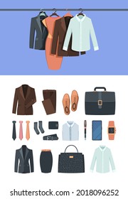 Business clothes. Male and female textile business office style elegant shirts pants belt shoe skirt garish vector flat templates