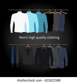 Business clothing on hangers. Mens casual clothing. Vector illustration