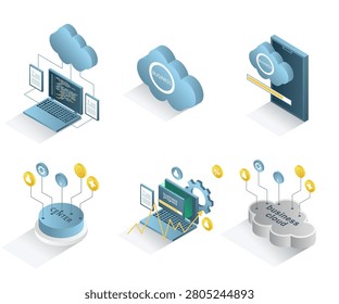 Business Cloud Computing Icons Set with Cloud Platform Data Center Software Development Digital Transformation and Business Process Management