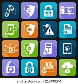 Business cloud computing security and server virus protection icons set white vector illustration