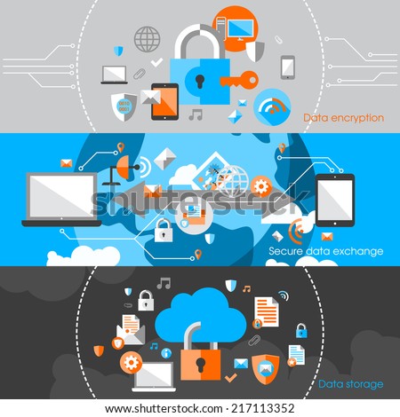 Business cloud data computing security and server virus protection banner design elements vector illustration