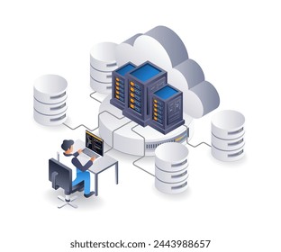 Business cloud server management operator, flat isometric 3d illustration