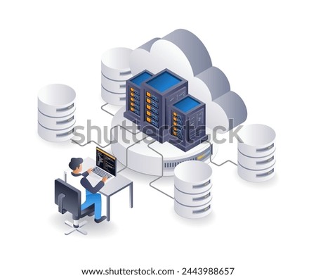 Business cloud server management operator, flat isometric 3d illustration