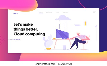 Business Cloud Storage Datacenter Computing Concept with Businessman Character Sitting in Front of Monitor with Mouse. IT Hosting Servers Landing Page for Website, Web Page. Flat Vector Illustration