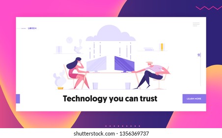 Business Cloud Storage Datacenter Hosting Servers Concept with Businesspeople Characters Sitting in Front of Monitors. Landing Page with IT Progress for Website, Web Page. Flat Vector Illustration
