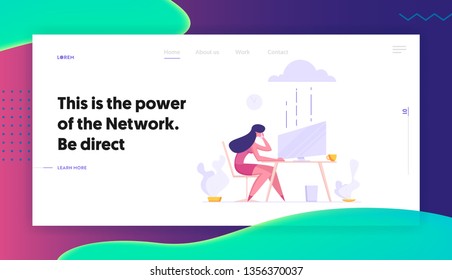 Business Cloud Storage Datacenter Hosting Servers Concept with Businesswoman Character Sitting in Front of Monitor with Phone. IT Landing Page for Website, Web Page. Flat Vector Illustration	