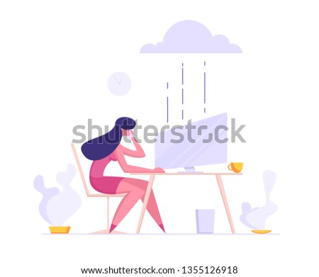 Business Cloud Storage Datacenter Hosting Servers Concept with Businesswoman Character Sitting in Front of Monitor with Phone. Banner for IT Website, Poster and Wallpaper. Flat Vector Illustration	