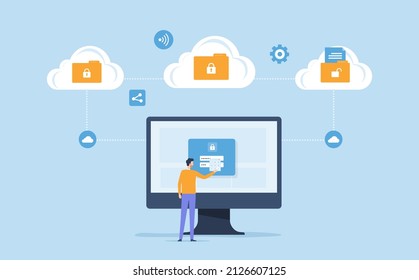 Business cloud storage server network security with people key password login to web administration on monitor concept. Flat vector illustration design.