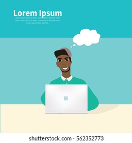 Business co working process. Open space office. Man, student, colored vector illustration.