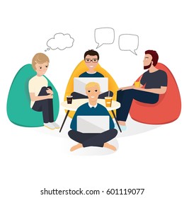 Business co working process. People make conversation and work together. Open space office. Man, girl, students, bag chair, colored vector illustration.
