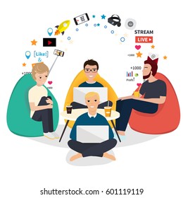 Business co working process. People make conversation and work together. Open space office. Man, girl, students, bag chair, colored vector illustration.