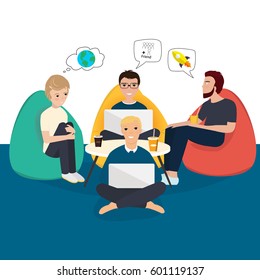 Business co working process. People make conversation and work together. Open space office. Man, girl, students, bag chair, colored vector illustration.