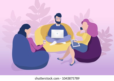 Business co working process. Three people make conversation and work together. Open space office. Man, girl, students, bag chair, colored vector illustration.