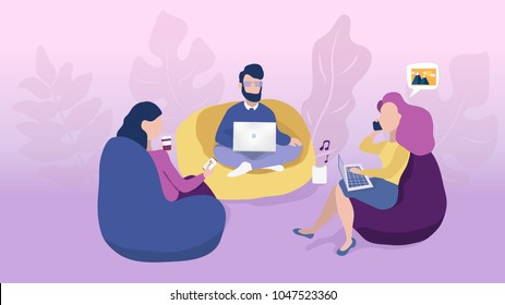 Business co working process. Three people make conversation and work together. Open space office. Man, girl, students, bag chair, colored vector illustration.