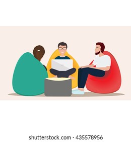 Business co working process. Three people make conversation and work together. Open space office. Man, girl, students, bag chair, colored vector illustration.