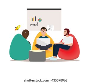 Business co working process. Three people make conversation and work together. Open space office. Man, girl, students, bag chair, colored vector illustration.