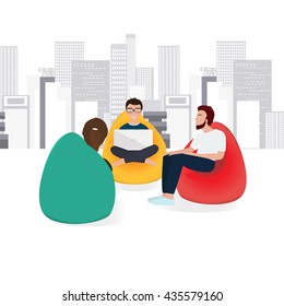 Business Co Working Process. Three People Make Conversation And Work Together. Open Space Office. Man, Girl, Students, Bag Chair, Colored Vector Illustration.