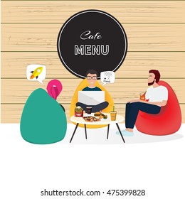 Business co working process. Three people make conversation and work together and eat fast food. Open space office. Man, girl, students, bag chair, cafe, colored vector illustration.