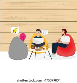 Business co working process. Three people make conversation and work together and eat fast food. Open space office. Man, girl, students, bag chair, cafe, canteen colored vector illustration.