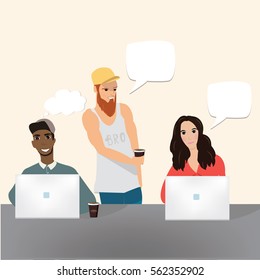 Business co working process. Three people make conversation and work together. Open space office. Man, girl, students, colored vector illustration.