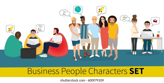 Business co working process. Three people make conversation and work together. Open space office. Man, girl, students, bag chair, colored vector illustration. - stock vector