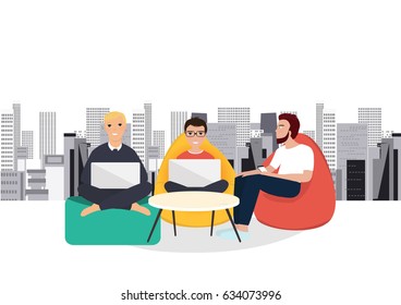 Business co working process. Three people make conversation and work together. Open space office. Man, girl, students, bag chair, colored vector illustration.