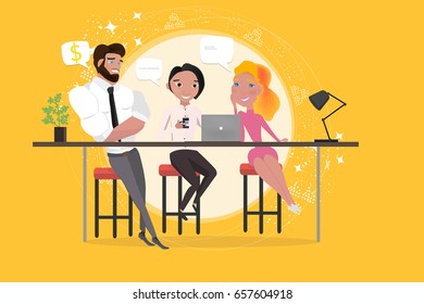 Business co working process. Three people make conversation and work together. Open space office. Man, girl, students colored vector illustration.