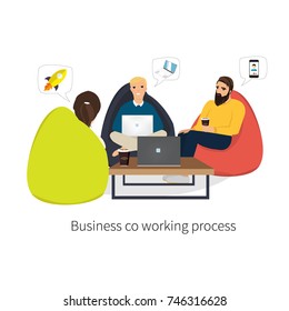 Business co working process. Three people make conversation and work together. Open space office. Man, girl, students, bag chair, colored vector illustration.