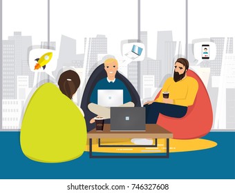 Business co working process. Three people make conversation and work together. Open space office. Man, girl, students, bag chair, colored vector illustration.