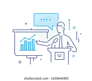 Business coach at the blackboard. Vector eps 10. Training Business School. Cartoon character - cute businessman. Stock vector illustration in flat design. Line icon illustration