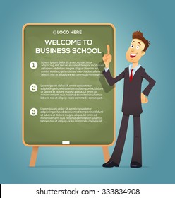 Business coach at the blackboard. Vector eps 10. Training Business School. Text placeholder. Banner and poster